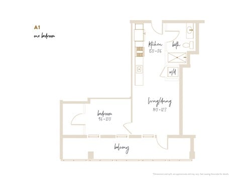Floor plan for 1 bed, 1 bath, 636 sqft